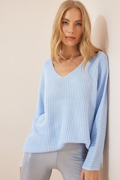 Happiness İstanbul Hanorac oversize tricot Thessaloniki cu decolteu în V albastru deschis pentru femei ZA00059