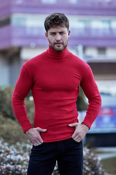 JAKARLI Unisex Red Cotton Camisole Slimfit Turtleneck Sweater