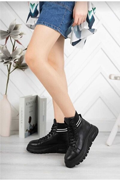Alya Shoes Kadın Triko Siyah Kısa Bot&botiee&postal Kalın Taban Postal Kısa Bot