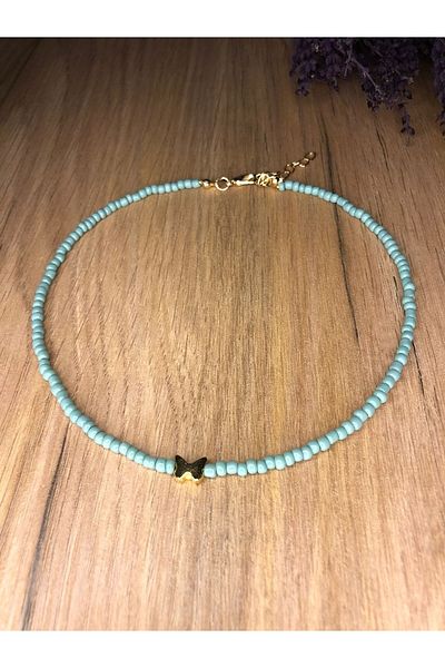 Stoneday Water Green Sand Bead Necklace with Butterfly Pendant