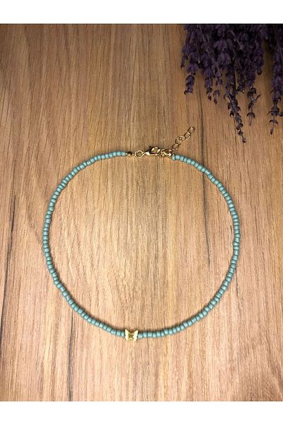 Stoneday Water Green Sand Bead Necklace with Butterfly Pendant