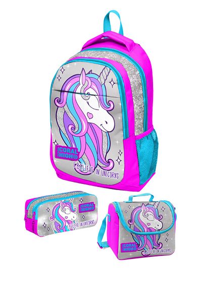 Coral High Rucsac de școală cu 3 compartimente cu sclipici argintiu cu model unicorn - Set de prânz și suport pentru stilou