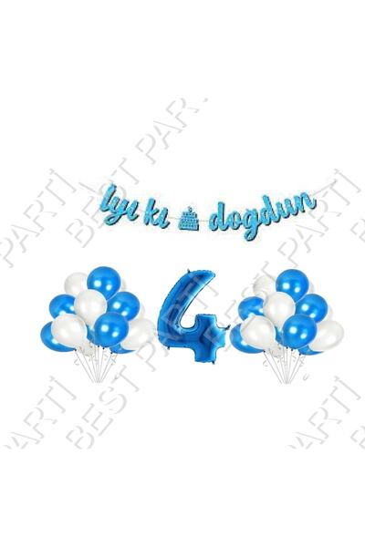 RÖNESANS PARTİ مجموعة بالونات زرقاء مكتوب عليها عيد ميلاد سعيد بعمر 4 سنوات