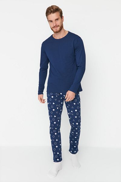 Trendyol Collection Sada pyžama s potiskem v námořnické modré Regular Fit – 100% bavlna Tmnaw23Pt00029