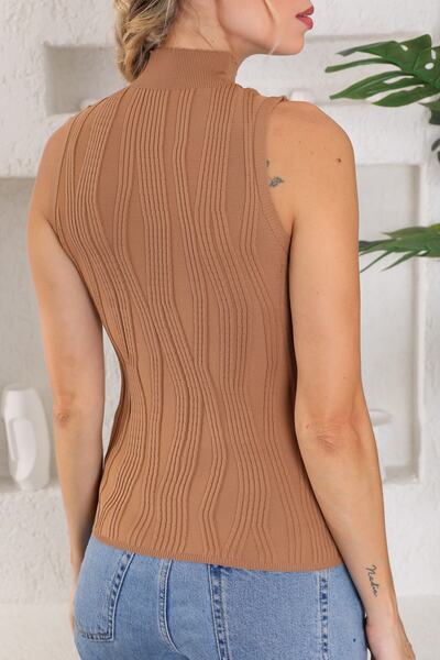 diaves Γυναικείο γιακά με μηδενικό μανίκι με ανάγλυφο σχέδιο καφέ πλεκτή μπλούζα