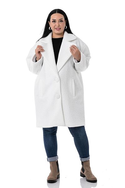 DISENTIS MODEST Large Size Mono Collar Fleto Pocket Coated Buttoned Lined White Boucle Coat