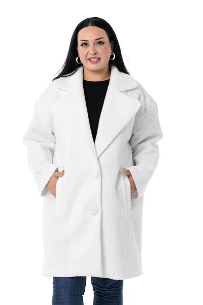 DISENTIS MODEST Large Size Mono Collar Fleto Pocket Coated Buttoned Lined White Boucle Coat