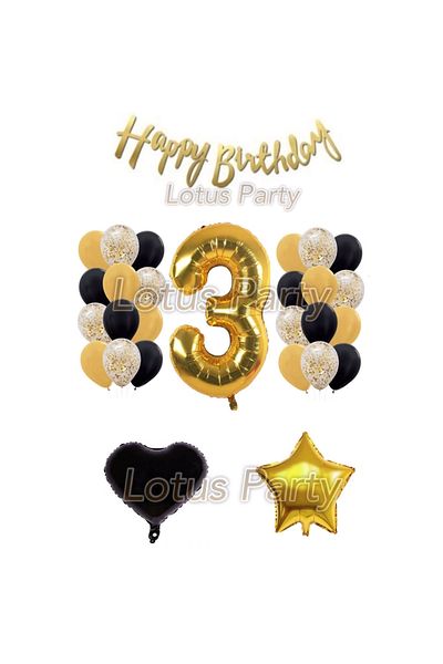 LOTUS PARTY 3 Year Old Birthday Set Figure Balloon 24 Pieces Black Gold Transparent Sequin Balloon 1 Star 1 Heart Happy Text