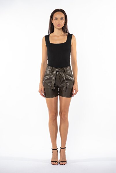 Grenj Fashion Haki Yüksek Bel Kemerli Deri Şort