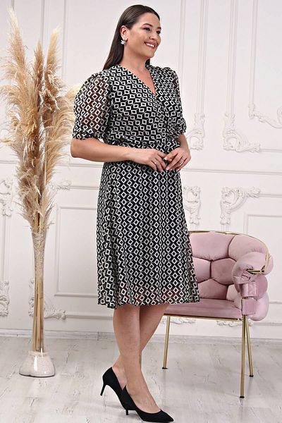Neşeli Butik Women's Double Breasted Collar Midi Length Plus Size Patterned Chiffon Dress Nb80622