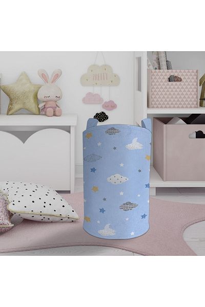 BAMBAŞKA MODA Blue Cloud And Star Patterned Toy Basket And Laundry Basket Bmos-029