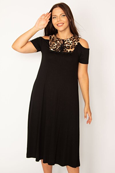 Şans Γυναικείο μεγάλο μέγεθος καφέ ντεκολτέ ώμου Roba Garni φόρεμα 65n25800