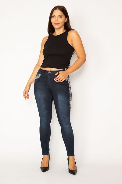 Şans Γυναικείο μεγάλου μεγέθους Navy Blue Lacquer Printed Sides and Pocket Mouth 5 Pocket Skinny Jeans 65n27811