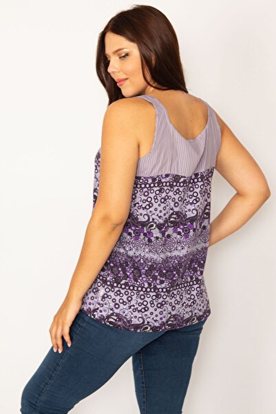 Şans Women's Large Size Lilac Strap Buckle Accessory Hem Eyelet Lace Detailed Blouse 65n33666