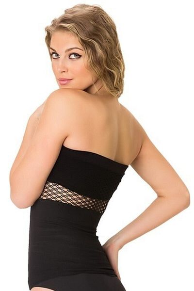 Cecimer Women's Black Seamless Strapless Fancy Mesh Seamless Corset Bustier, Decreasing 1 Size
