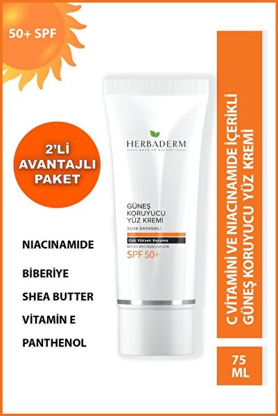Herbaderm Suya Dayanıklı Güneş Koruyucu Yüz Kremi Uva Uvb (50 SPF) 75 ml X2