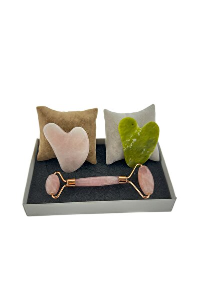 İLTERUS Doğaltaş Pembe Kuvars Face Roller, Yeşim Kalp Ve Pembe Kuvars Kalp Gu...