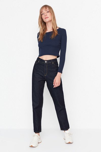 Trendyol Collection Blugi Mom cu talie înaltă mai sustenabili Albastru închis TWOAW23JE00369