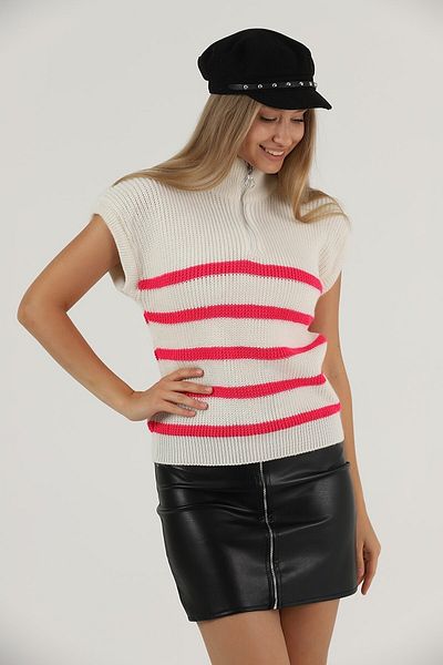 VERA LİFE Women's Stand Collar Zippered Striped Sweater