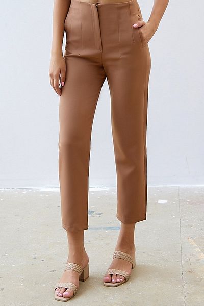InStyle Šípkové dvojité látkové kalhoty s vysokým pasem Camel