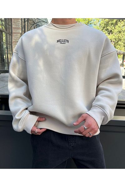MAİ COLLECTİON Ανδρικό φούτερ υπερμεγέθους Mcllctn Fear Less Beige