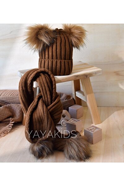 Little Ya Ya Love Kahverengi Triko Çift Ponponlu Atkı Bere Takımı