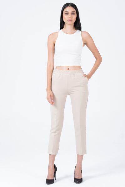 diaves Pantaloni de damă, bej, cu talie înaltă, cu buzunare, cu talie elastică, din țesătură Atlas, cu croiala morcov