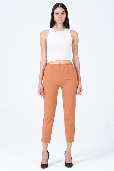 diaves Women's Brown High Waist Pocket Elastic Waist Atlas Woven Fabric Carrot Cut Trousers