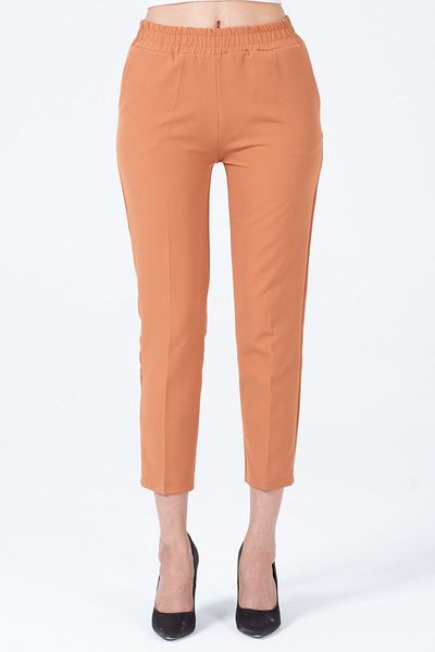 diaves Women's Brown High Waist Pocket Elastic Waist Atlas Woven Fabric Carrot Cut Trousers