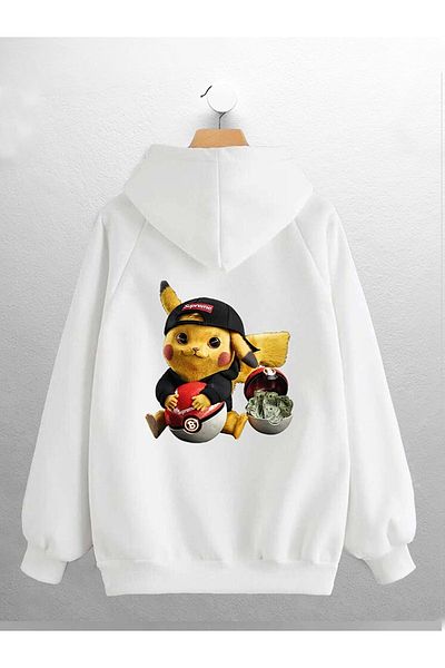 NewCabin New Season Cotton Unisex Pikachu Printed Kangaroo Pocket Hooded White Hoodie
