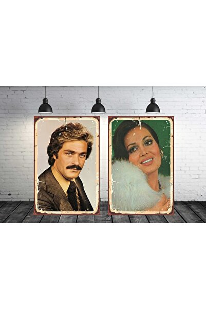 TAKIFİX Türkan Şoray Kadir Inanır Seti 2 Adet 20x30 Cm Retro Ahşap Tablo