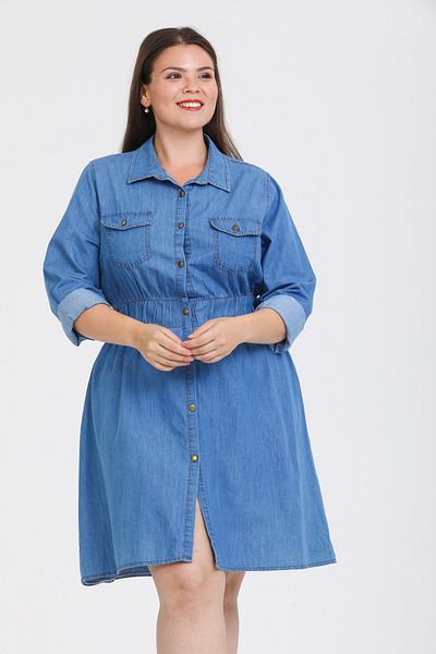 Gül Moda Τζιν φόρεμα με κουμπιά σε μεγάλο μέγεθος γαλάζιο G089-2