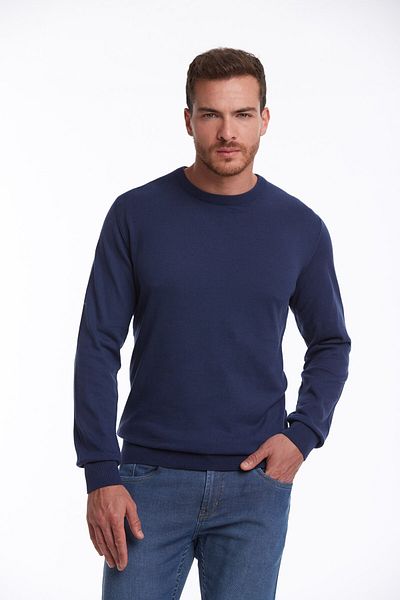 Hatemoğlu Men's Indigo Regular Fit 100% Cotton Crew Neck Knitwear Sweater