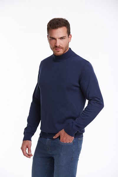 Hatemoğlu Men's Indigo Regular Fit 100% Cotton Half Turtleneck Sweater