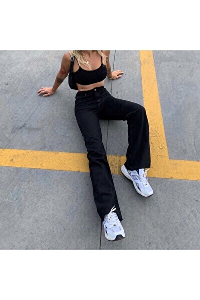 Trn JNS Blugi Kaylee cu talie înaltă, în lycra neagră, cu picioare largi