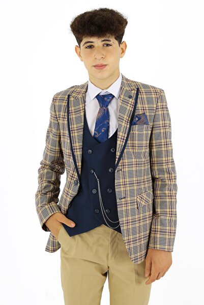 SIRRI Costum în carouri pentru băieți, jachetă din 3 piese, pantaloni