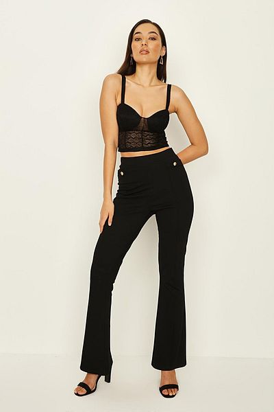 Select Moda Women's Black Gold Button Detailed Flared Leg Leggings Pants
