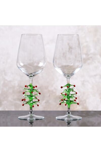 ADAMODART Yılbaşı Ağacı Cam Tasarım Şarap Kadehi 2'li Set