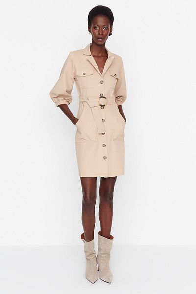 Trendyol Collection Μίνι υφαντό φόρεμα Camel Belted TWOAW20EL1156