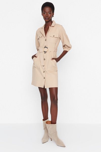 Trendyol Collection Μίνι υφαντό φόρεμα Camel Belted TWOAW20EL1156