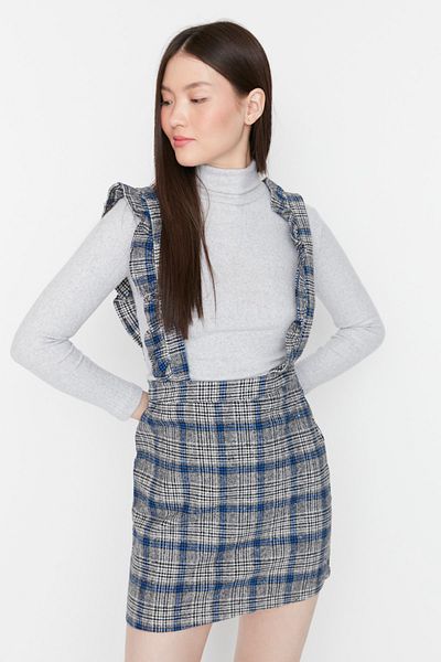 Trendyol Collection Graues, kariertes Mini-Weste-Webkleid TWOAW20EL0292