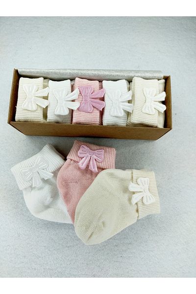 Akface Premium Boxed 5 Pack Washed Organic Baby Girl Socks with Bow 0-2 Years