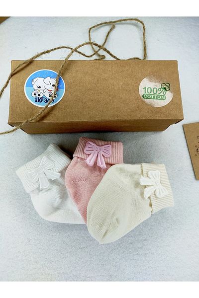 Akface Premium Boxed 5 Pack Washed Organic Baby Girl Socks with Bow 0-2 Years
