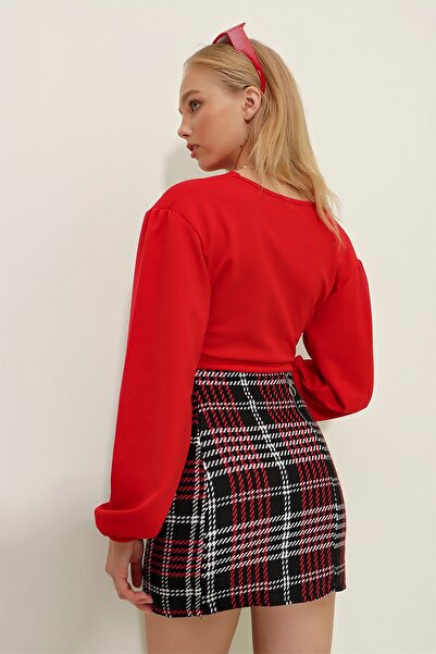 Trend Alaçatı Stili Women's Black Plaid Pattern Covered Buttoned Cashmere Mini Skirt HN08050