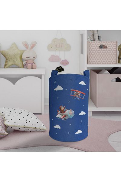 BAMBAŞKA MODA Blue Planes Patterned Toy Basket and Laundry Basket Bmos-066