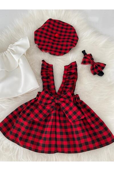 Moda Lina Gingham Pattern Salopet Hat Bandana White Blouse Set