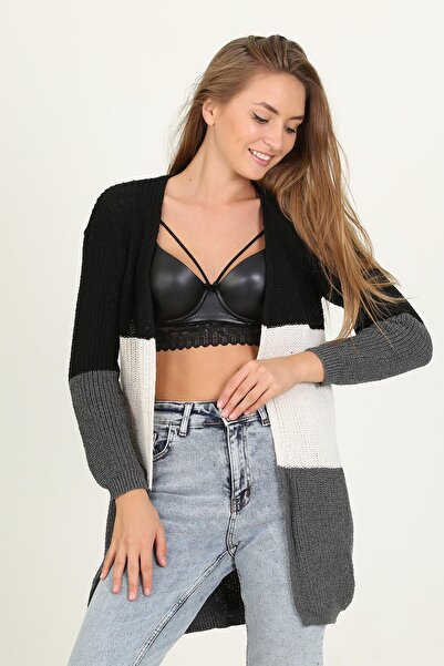 Neşeli Butik Γυναικεία Πλεκτή Ζακέτα Μίντι Μήκους Νέας Σεζόν Γκρι Χρώμα Ry0040