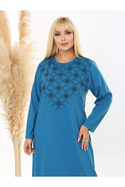 LİKRA Women's Large Size Flock Printed Flexible Steel Interlock Dress