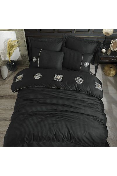 Hobby Double Embroidered Satin Duvet Cover Set Elegant Zeugma Black