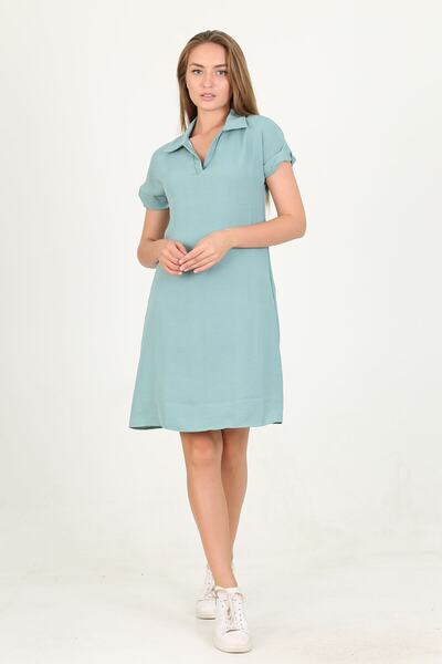 Neşeli Butik فستان أيروبين متوسط الطول بياقة قميص النعناع وأكمام مفصلة للنساء...